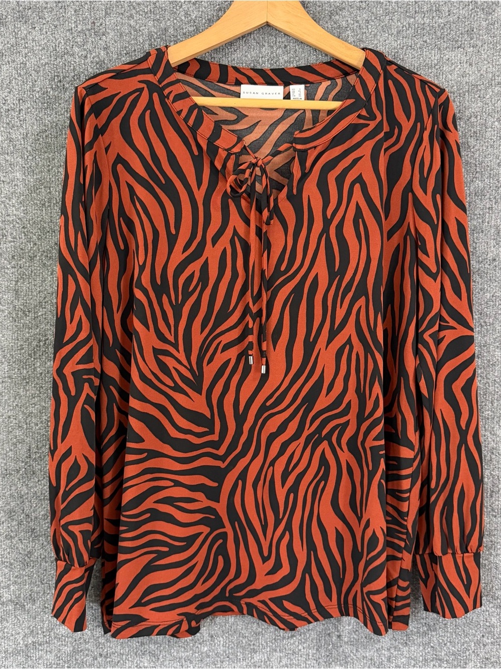 Susan Graver Womens Liquid Knit Top Size Large Brown Black Long Sleeve Office